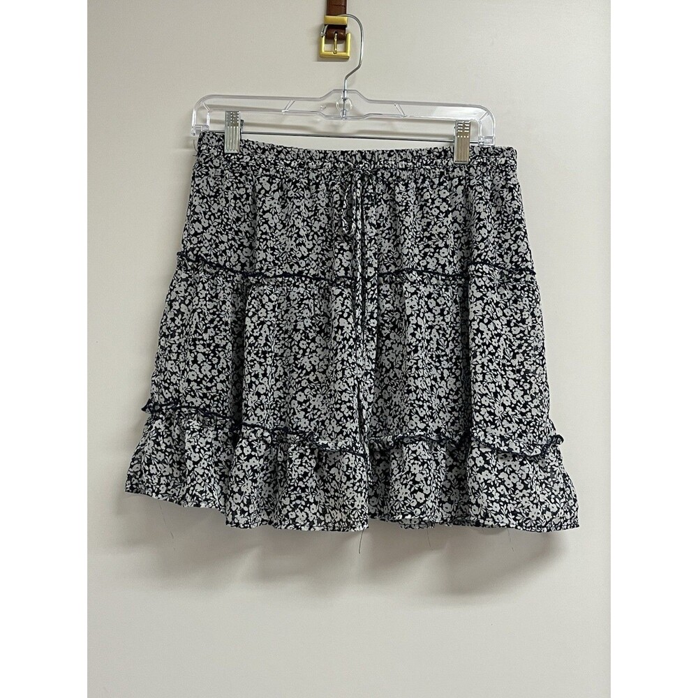 Sienna Sky Blue Floral Mini Skirt Ruffled Tiered Drawstring Boho Casual Large